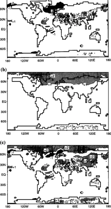 Figure 3.  The same  as Figure  2, but for the changes  of the deute-  rium excess  d (contour  lines in all three plots at +19/oo,  +2%0, and  +49/oo;  shading  of significant  anomalies  as in Figures  2a-2c)