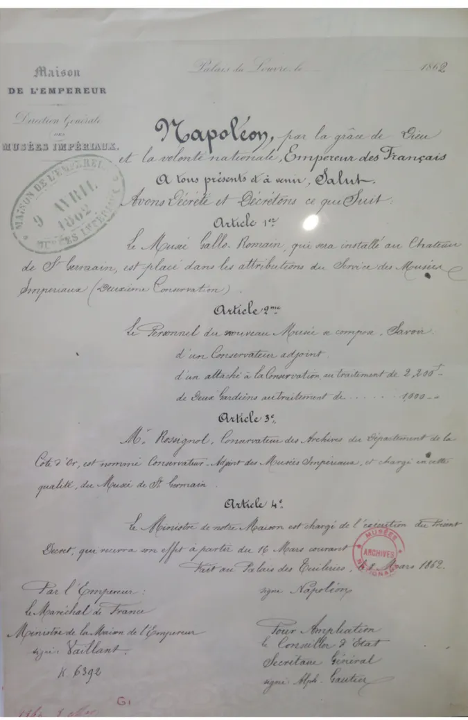 Fig. 8: Ampliation du décret impérial de création du musée gallo-romain, 8 mars 1862 AN 20144782/1