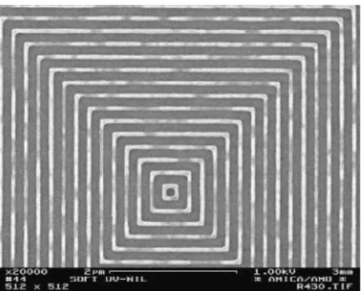 Figure 8: SEM micrographs illustrating high resolution Soft  UV based Nanoimprint: 60nm lines closed to quadrates