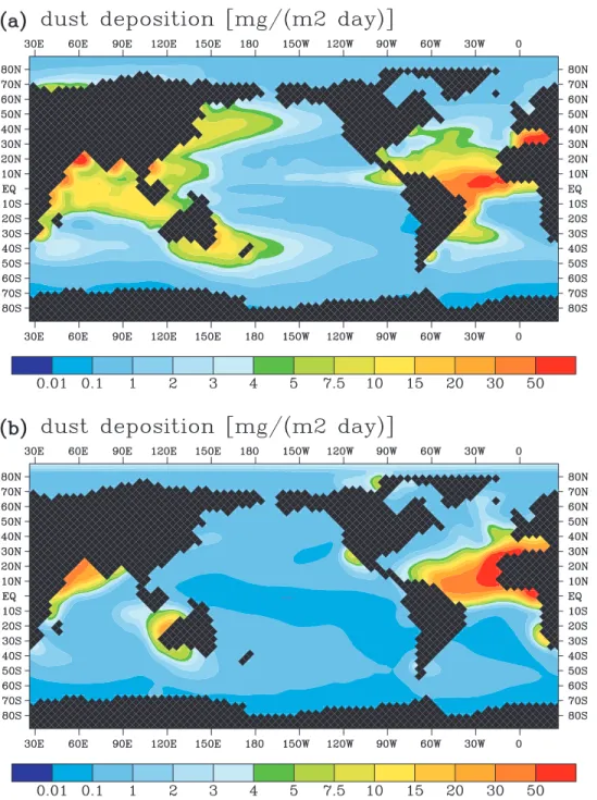 Figure 1. Annually averaged dust deposition (mg/m 2 /d) after (a) Andersen et al. [1998] and (b) Mahowald et al