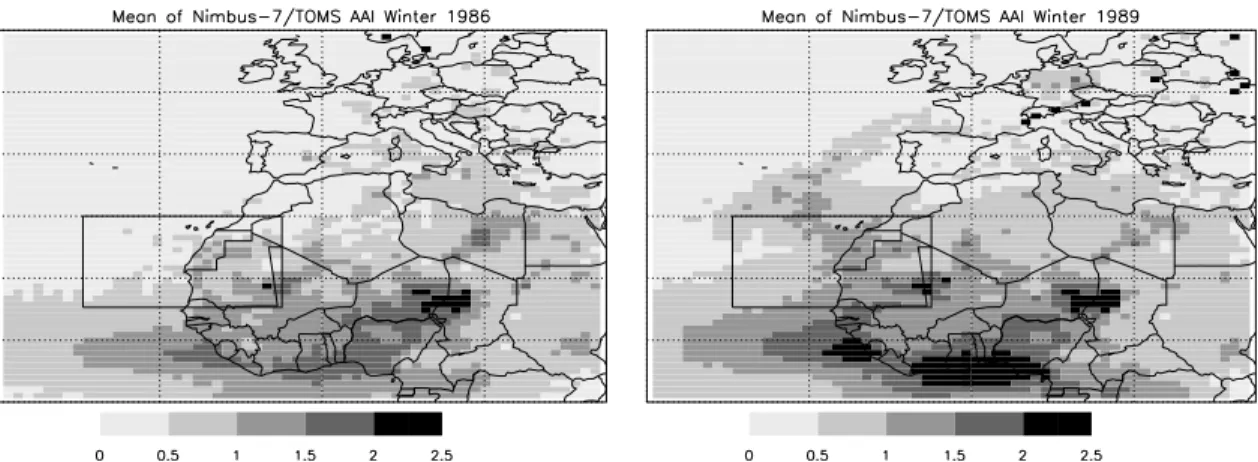 Figure 3. Comparison between the North Atlantic Oscillation (NAO) index (bold continuous line) and the mean dust optical thickness (DOT) in winter (December – March) derived from TOMS Nimbus 7 from 1979 to 1993 (open circles) and from Meteosat from 1984 to