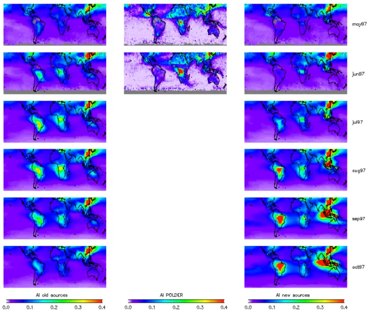 Fig. 5b. Comparisons between POLDER AI and LMDZ AI using both the original and the new sources from May 1997 to October 1997.