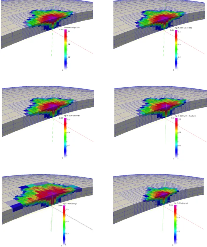 Figure 8. Gas saturation obtained at final time t = 61 days, from top to bottom and from left to right, by: the reference LGR algorithm with global fine time stepping (LGR), and algorithms (i) (R-DDM with θ = 3/5), (ii) (R-DDM with θ = 1), (iii) (R-DDM wit