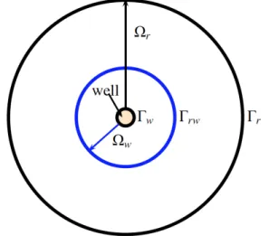 Figure 1. Example of reservoir domain Ω r and nearwell subdomain Ω w with the reservoir nearwell interface Γ rw , and the well boundaries Γ w .