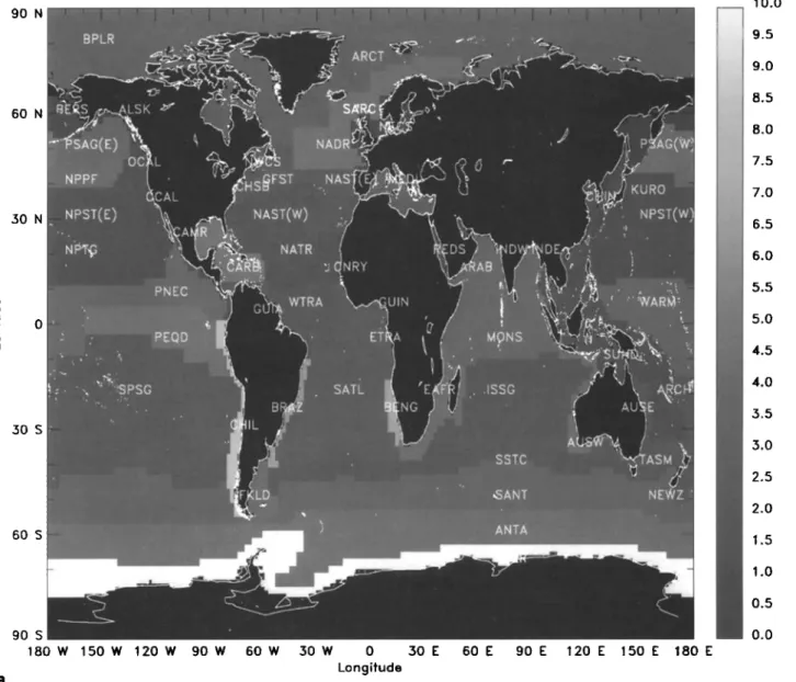 Figure  10. Unsmoothed  first-guess  fields  of sea  surface  DMS concentration  (nM) for (a) January  and  (b) July