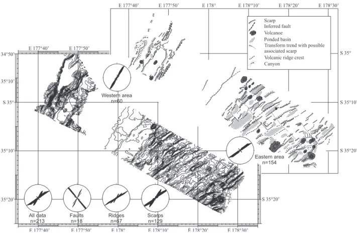 Figure 6. Bathymetry, structural trends and interpretation of the Havre Trough at latitude 35°S