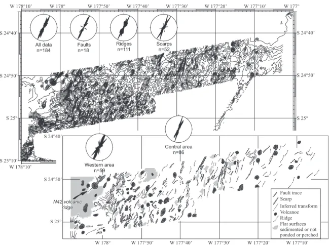 Figure 2. Bathymetry, structural trends, and interpretation of the northernmost Havre Trough at latitude 25°S