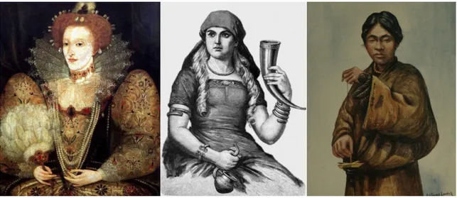 Figure 1. Keratin objects in history. Sixteenth century painting of Queen Elizabeth with a feather brisé  fan (left); 19th century depiction of the Norse goddess Sif with a horn cup (centre); 1905 illustration  of a Tibetan spinning wool by Landor A