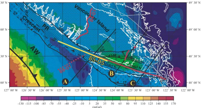 Figure 13. Gravity map of the Strait of Juan de Fuca. Data were interpolated to a grid with a grid size of 0.3  0.3 min