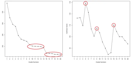 Figure 4: Total Within Sum of Squares and Calinski-Harabasz Index on 1 to 20 cluster outputs.