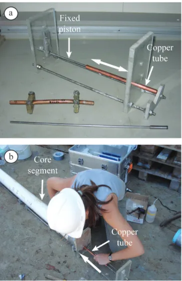 Fig. 2. (a) From bottom to top: the piston, a sediment sample in a cop- cop-per tube pinched by metallic clamps and the sampler with a copcop-per tube sliding on the fixed piston