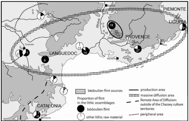 Figure 1. Bédoulien flint diffusion areas. End of  Vth – begining  of IVth millennium BC