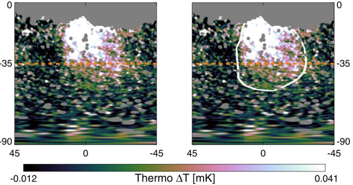 Fig. 9. Left: southern Planck 30 GHz haze from Fig. 6. Right: the same but with contours of the Fermi gamma-ray haze / bubbles (Su et al