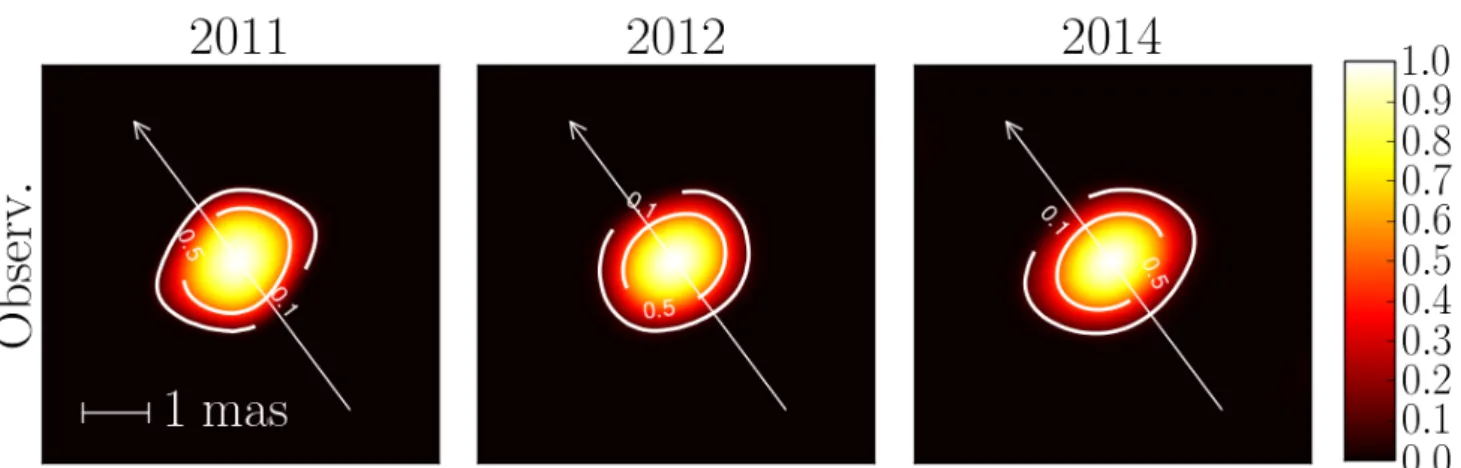 Fig. 2. Reconstructed image of Achernar for, from left to right, the 2011, 2012, and 2014 datasets