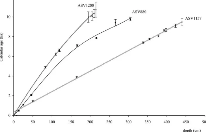 Figure 4. Age-depth relationship for the three cores.