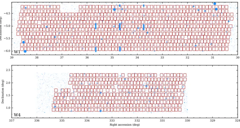 Fig. 2. The layout on the sky of all pointings that contribute to the PDR-2 final release, for the two fields W1 and W4, superimposed on the photometric survey mask