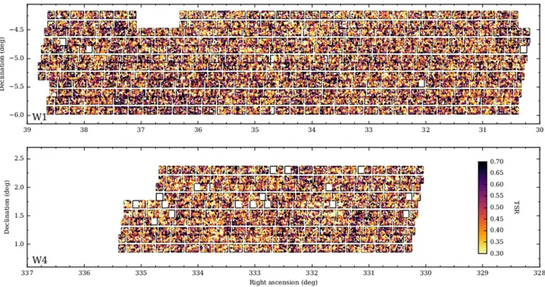 Fig. 5. The angular distribution over the survey areas of the Target Sampling Rate (TSR, colour scale), estimated locally for each galaxy as described in the text