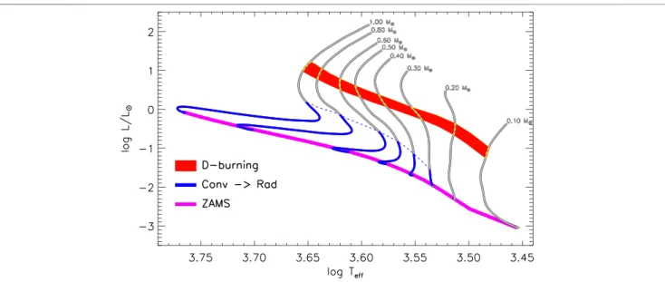 FIGURE 2 | HR diagram for low-mass stars with indicated the main evolutionary stages during the pre-MS evolution: Hayashi track (fully convective star, gray line), partially convective star (blue line), locus of the Zero Age Main Sequence (ZAMS, magenta li