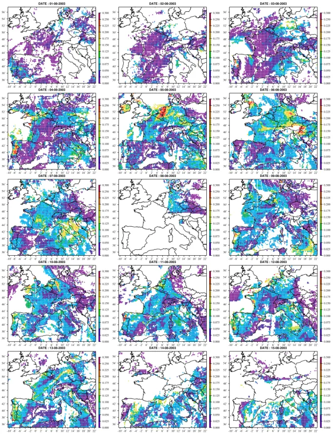 Figure 1 : Fine-mode Aerosol Optical Thickness obtained from POLDER-2 data at 865 nm during the August  2003 heat wave episode (from 1 to 15 August)