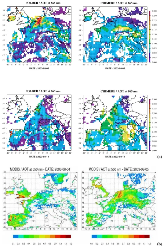 Figure  2a:  Geographic  distribution  of  the  fine  mode  aerosol  optical  thickness  at  865  nm  retrieved  from  the  POLDER  data  (left)  and  simulated  by  CHIMERE  model  (right)  over  Europe  on  05  and  11  August  2003