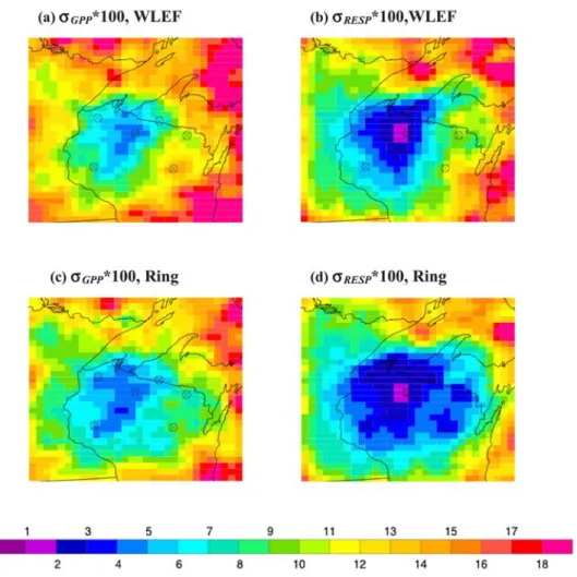 Figure 14. Analysis uncertainties s GPP and s RESP , obtained in the seventh data assimilation cycle in the experiments with 100 ensemble members