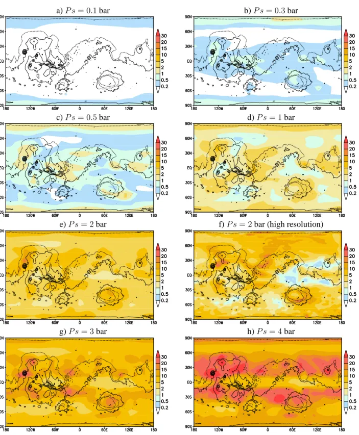 Figure 12: Map of annual mean CO 2 ice cloud optical depth for various mean surface pressure Ps (obliquity=25 ◦ , [CCN]=10 5 kg −1 , circular orbit).