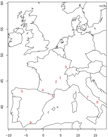 Fig. 7. Locations of the 9 reconstructed LGM data in Western Eu- Eu-rope whose the values have to be compared to our GAM downscaled values.