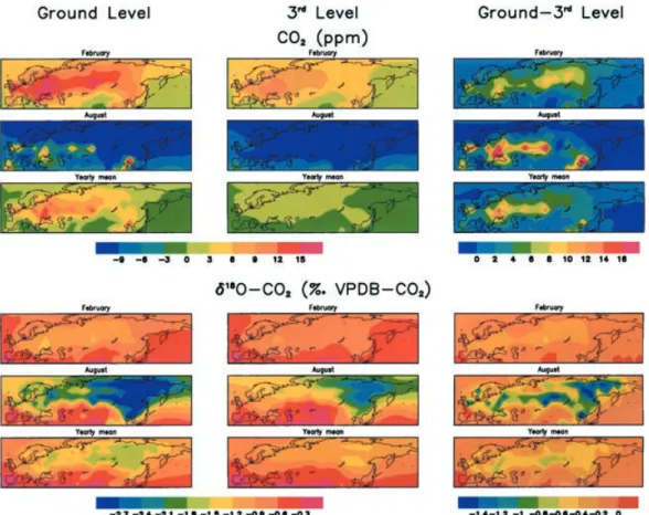 Fig. 7. Rectification gradients of CO 2 and δ 18 O-CO 2 at ground (first column) and third (second column) level of the model, approximately 30 and 800 m respectively, above ground