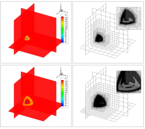 Fig. 4. 3D case. K + in the neurons (left) and corresponding adapted grids (right) at 1000 s (top) and 2000 s (bottom) with ε = 10 − 2 