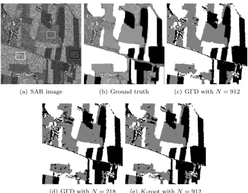 Figure 5: (a) SAR image of ﬂooded area (with learning areas in rectangles) of Piemonte, Italy (COSMO-SkyMed sensor, ©ASI), 1000 × 1000 pixels, (b) non-exhaustive ground truth map (white, black, grey - mapped areas, the rest - no ground truth) and supervise