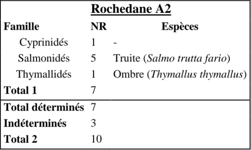 Tableau 17 : Spectre de faune en NR par taxon des Téléostéens de la couche A2 de Rochedane 