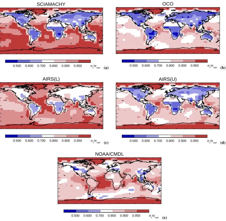 Fig. 2. Fractional change in flux uncertainty (σ x /σ xpri ) per year and per model grid cell gained by inversions on the basis of measurements by (a) SCIAMACHY; (b) OCO; (c) AIRS(L); (d) AIRS(U) (e) NOAA/CMDL , for process weighted and space correlated (P