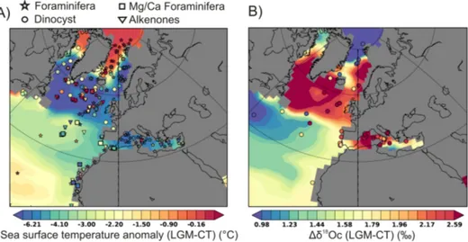 Figure 11. A focus on the North Atlantic region with (a) the comparison between simulated SST anomaly (LGM-CT) in iLOVECLIM and MARGO reconstructions for each temperature proxy (MARGO Project Members, 2009)