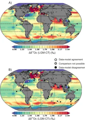 Figure 8. (a) Comparison between simulated surface ocean calcite δ 18 O anomaly (LGM-CT) in iLOVECLIM (0–50 m) and global planktic foraminifera data (Table S1)