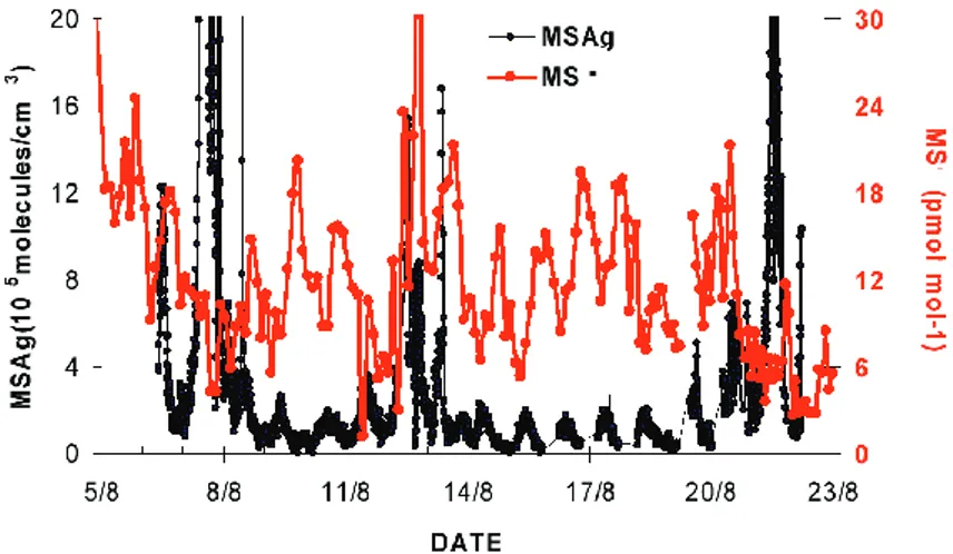 Fig. 10. Variation of atmospheric molecular concentrations of MSAg and aerosol MS − during the campaign.