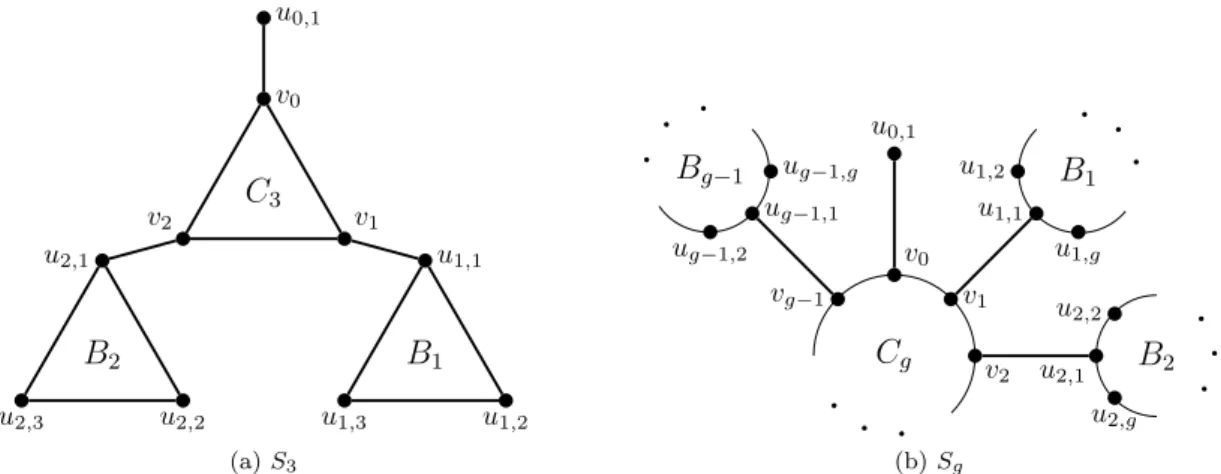 Figure 3: The planar graphs S 3 (left) and S g (right) of girths 3 and g, respectively.