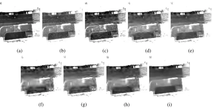 Fig. 5. Visual comparison of on-board and on-ground chains. (a) is the reference image, (b) is the instrumental image (output of the acquisition, P SN R = 32.69 dB ), (c) is the reconstructed image provided by the CNES ( P SN R = 45.93 dB ), (d) and (e) ar