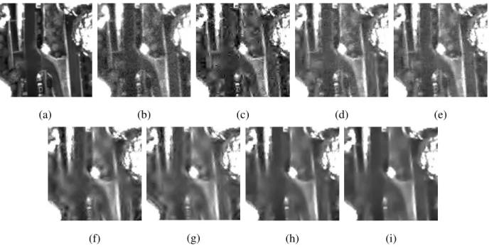 Fig. 6. Visual comparison of on-board and on-ground chains. (a) is the reference image, (b) is the instrumental image (output of the acquisition, P SN R = 32.69 dB ), (c) is the reconstructed image provided by the CNES ( P SN R = 45.93 dB ), (d) and (e) ar