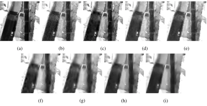 Fig. 7. Visual comparison of on-board and on-ground chains. (a) is the reference image, (b) is the instrumental image (output of the acquisition, P SN R = 32.69 dB ), (c) is the reconstructed image provided by the CNES ( P SN R = 45.93 dB ), (d) and (e) ar