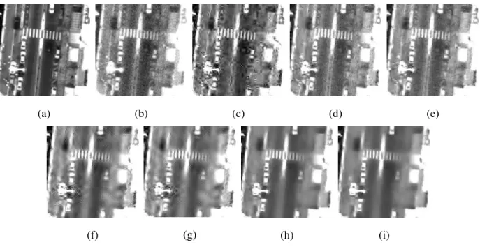 Fig. 8. Visual comparison of on-board and on-ground chains. (a) is the reference image, (b) is the instrumental image (output of the acquisition, P SN R = 32.69 dB ), (c) is the reconstructed image provided by the CNES ( P SN R = 45.93 dB ), (d) and (e) ar