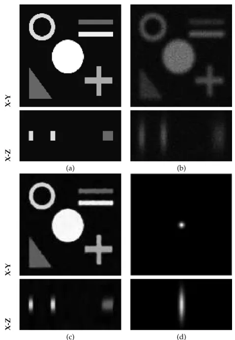 Figure 7: (a) Composite synthetic object, (b) observed image with the analytical blur model [6] and Poisson noise, (c) image restored after RL+TV deconvolution using the  esti-mated PSF, (d) estiesti-mated microscope PSF.