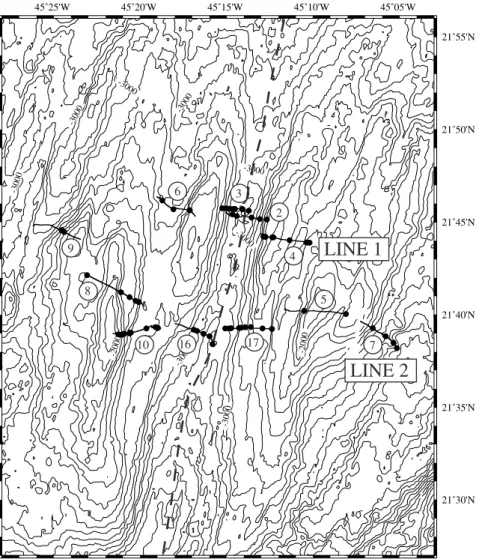 Figure 1. Bathymetry (contour interval: 100 m) of the Tammar segment (thick dashed line indicates the location of the ridge axis)