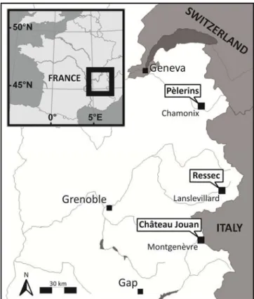 Figure   12.   Location   of   the   three   study   sites   (Pèlerins,   Ressec   and   Château   Jouan   paths)   in   the   French   Alps