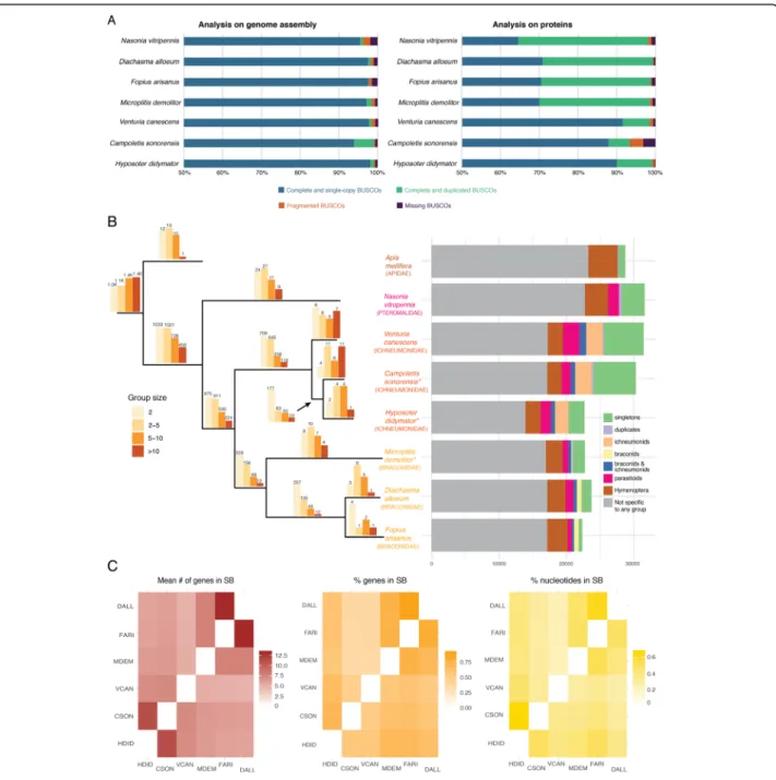Fig. 1 Genomic features of Campoletis sonorensis and Hyposoter didymator genomes. a BUSCO analysis of parasitoid wasp genomes (Insecta protein set with 1658 proteins)