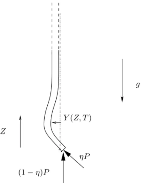 FIG. 1: Semi-infinite hanging beam with a partially follower force.