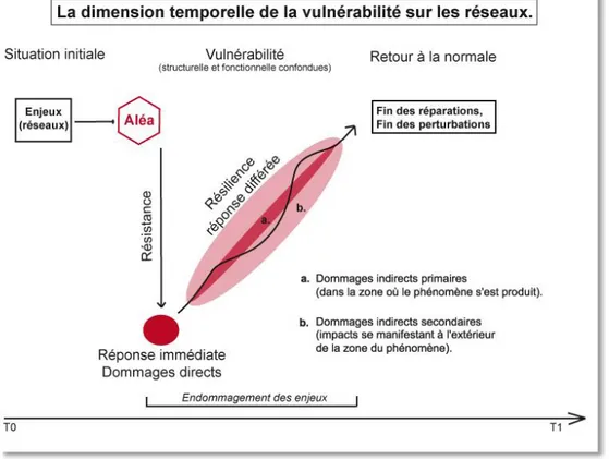 Figure 5. La dimension temporelle de la vulnérabilité sur les réseaux (adapté de Gleyze et Reghezza, 2007) 