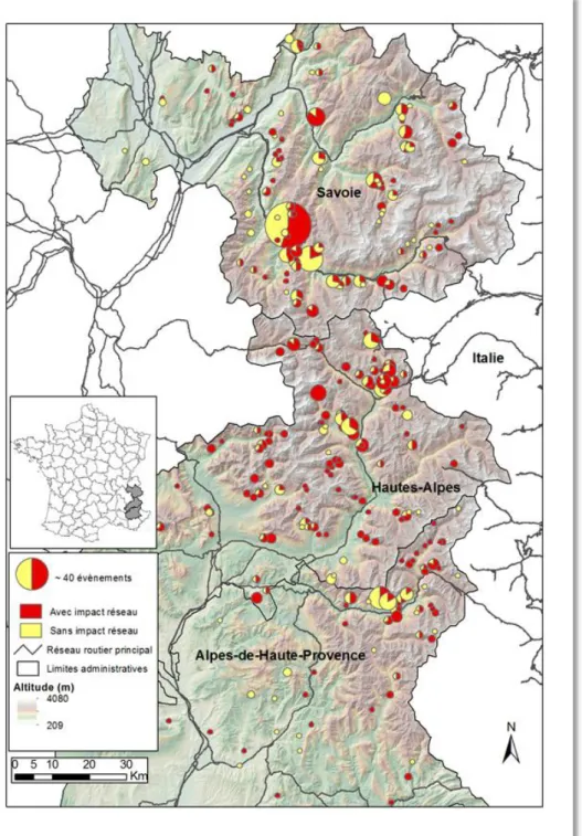 Figure 11. Localisation des bassins-versants alpins actifs de 1950 à 2012, proportion d’évènements avec et sans impacts sur  le réseau routier (départements : Savoie, Hautes-Alpes et Alpes de Haute-Provence) 