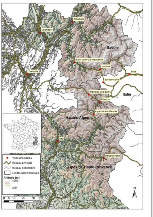 Figure 15. Cartographie du réseau routier principal et secondaire selon la ‘BDTOPO’ (IGN) (départements : Savoie, Hautes- Hautes-Alpes et Hautes-Alpes de Haute-Provence) 