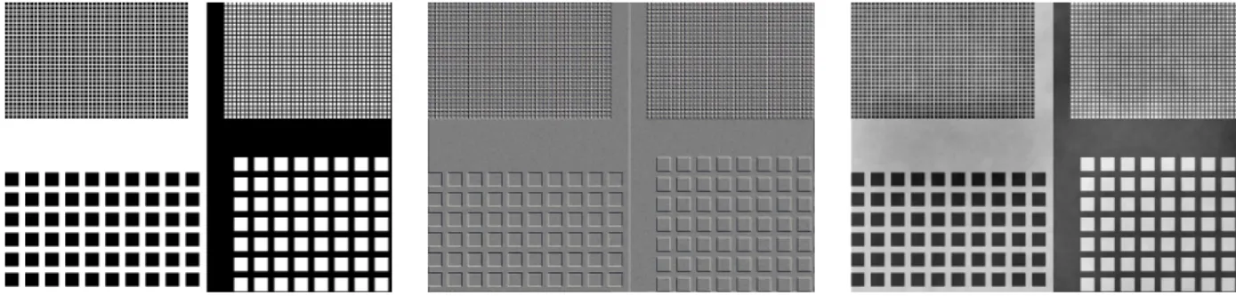 Figure 6. Data and results for the grid object. From left to right: true object, noisy DIC color image taken at shear angle π 4 rad and corrupted with white Gaussian noise at SNR = 9 dB, and reconstructed phase with the LMSD method from observations at she