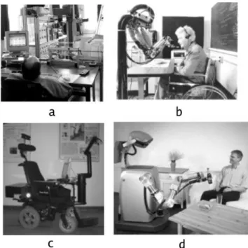 Fig. 2. four types of robots for disabled people : a) workstation MAS - -TER [11] ; b) ISAC stand alone Robot [31]; c) Victoria wheelchair mounted robot [9] d) Care-O-Bot mobile manipulator [21]